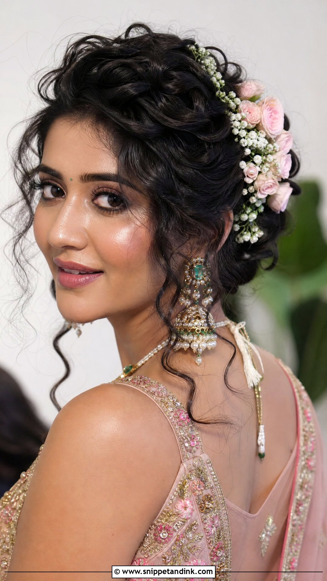 Curly Updo With Flowers - Snippet and Ink - 30 Sangeet Hairstyles for Bride