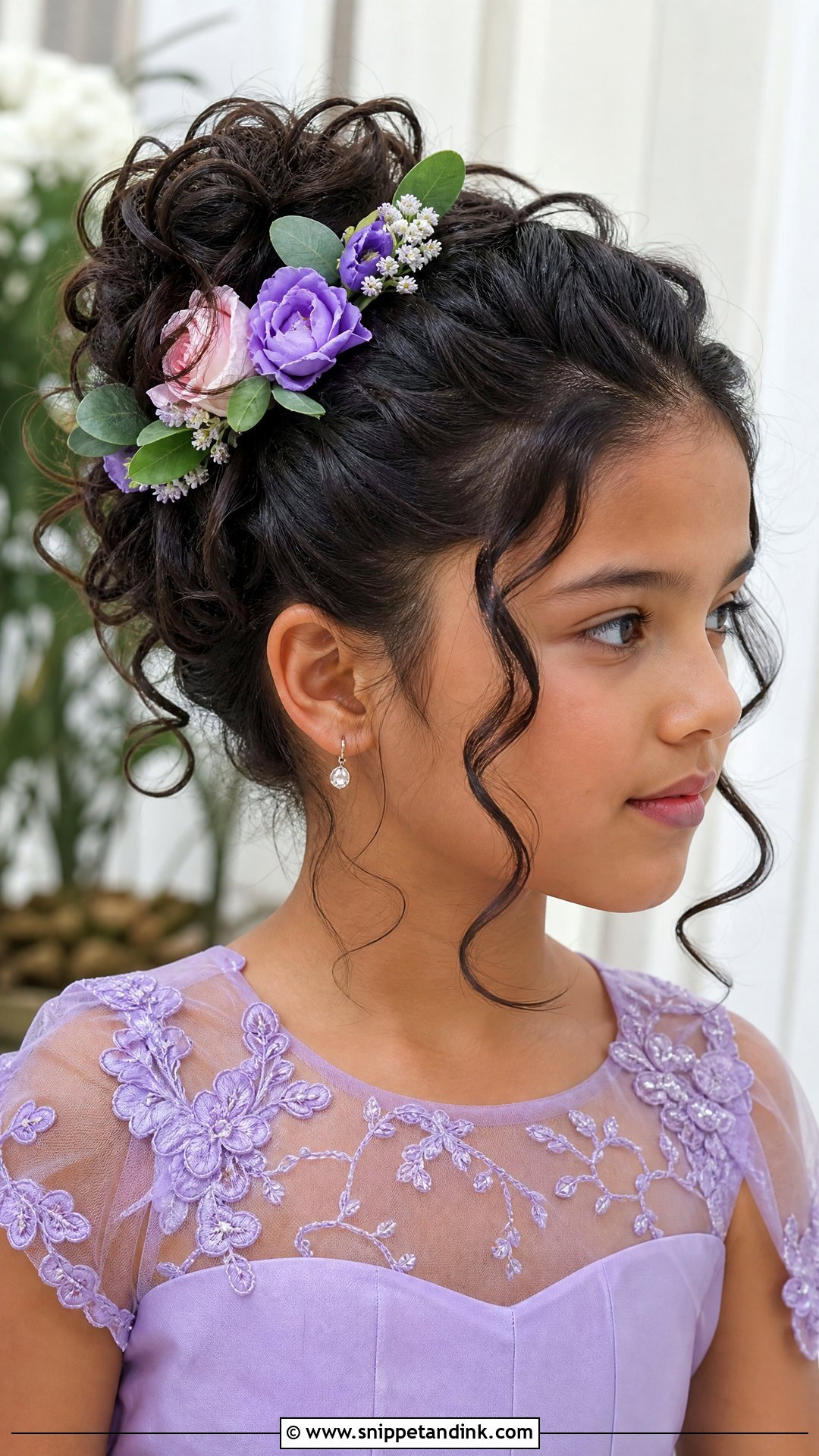 Curly Updo With Flowers - Snippet and Ink - 20 Wedding Hairstyles for Girls