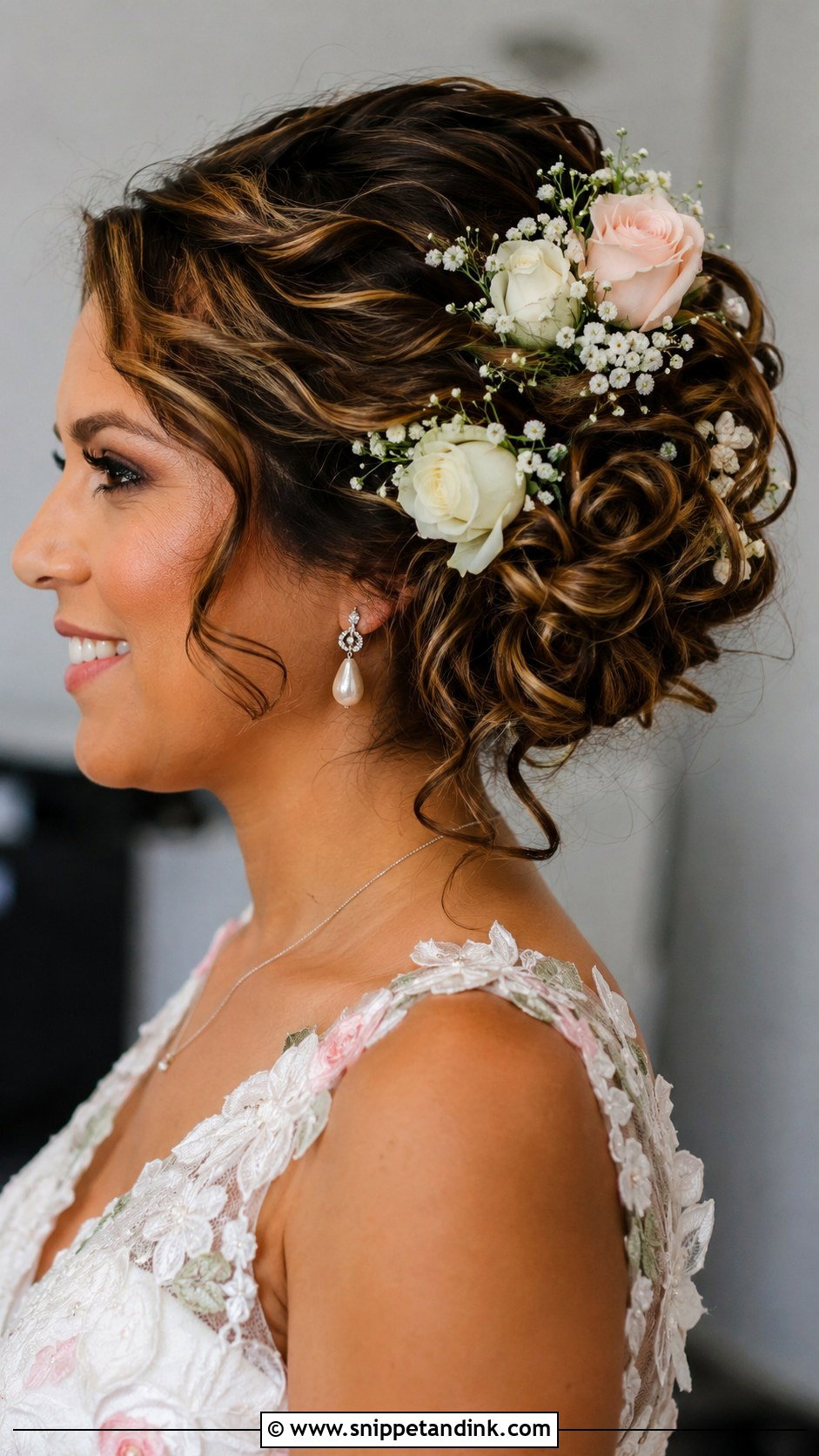 Curly Updo With Flowers for Bride - Snippet and Ink - 25 Curly Hair Styles for Wedding