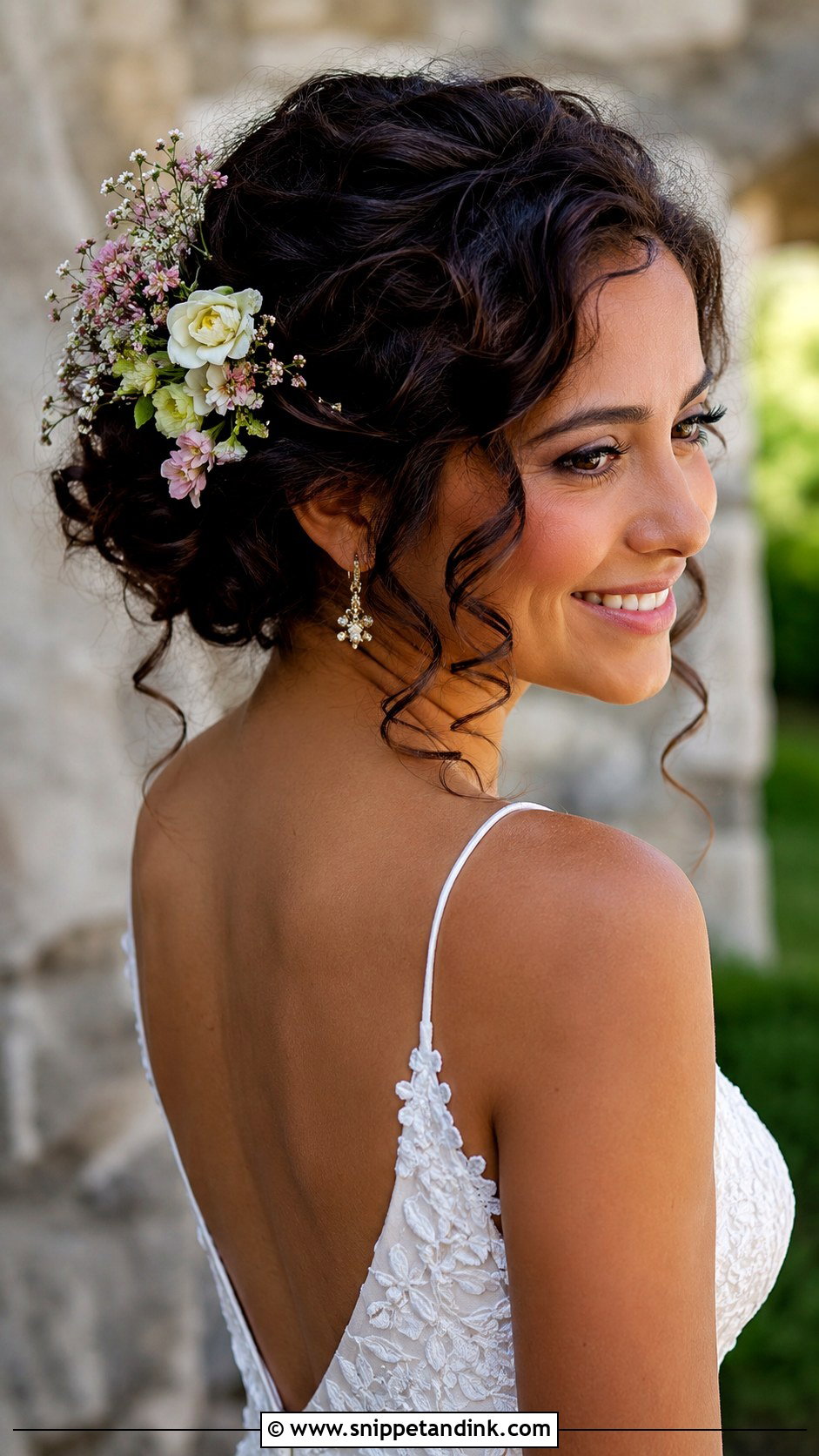 Curly Updo With Fresh Flowers - Snippet and Ink - 25 Curly Hair Bride Hairstyles