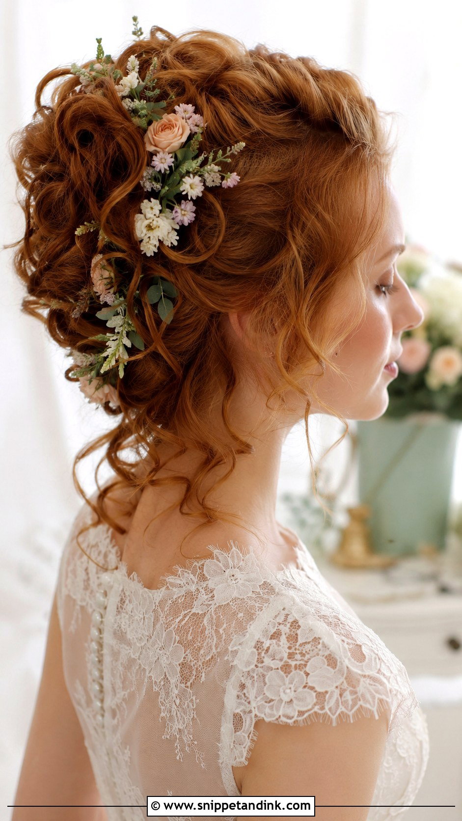 Curly Updo With Fresh Flowers - Snippet and Ink - 30 Curly Hair Wedding Styles