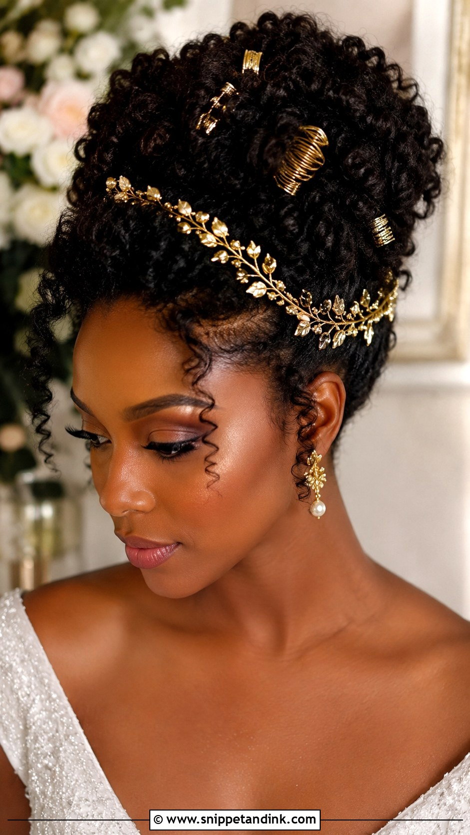 Curly Updo With Gold Accents - Snippet and Ink - 30 Natural Hair Wedding Ideas