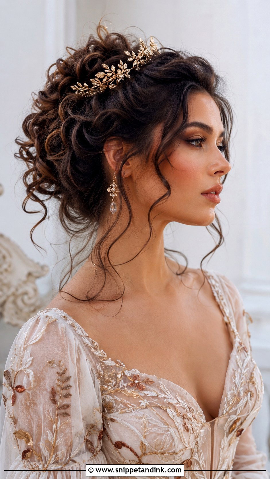 Curly Updo With Gold Crown - Snippet and Ink - 20 Crown Wedding Hair Ideas