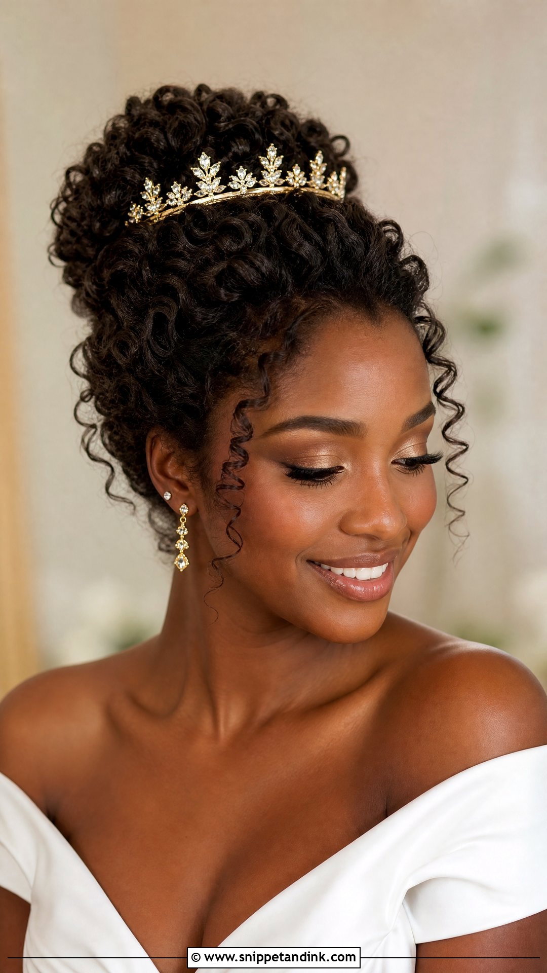 Curly Updo With Gold Crown - Snippet and Ink - 20 Christian Bride Hairstyle with Crown Ideas