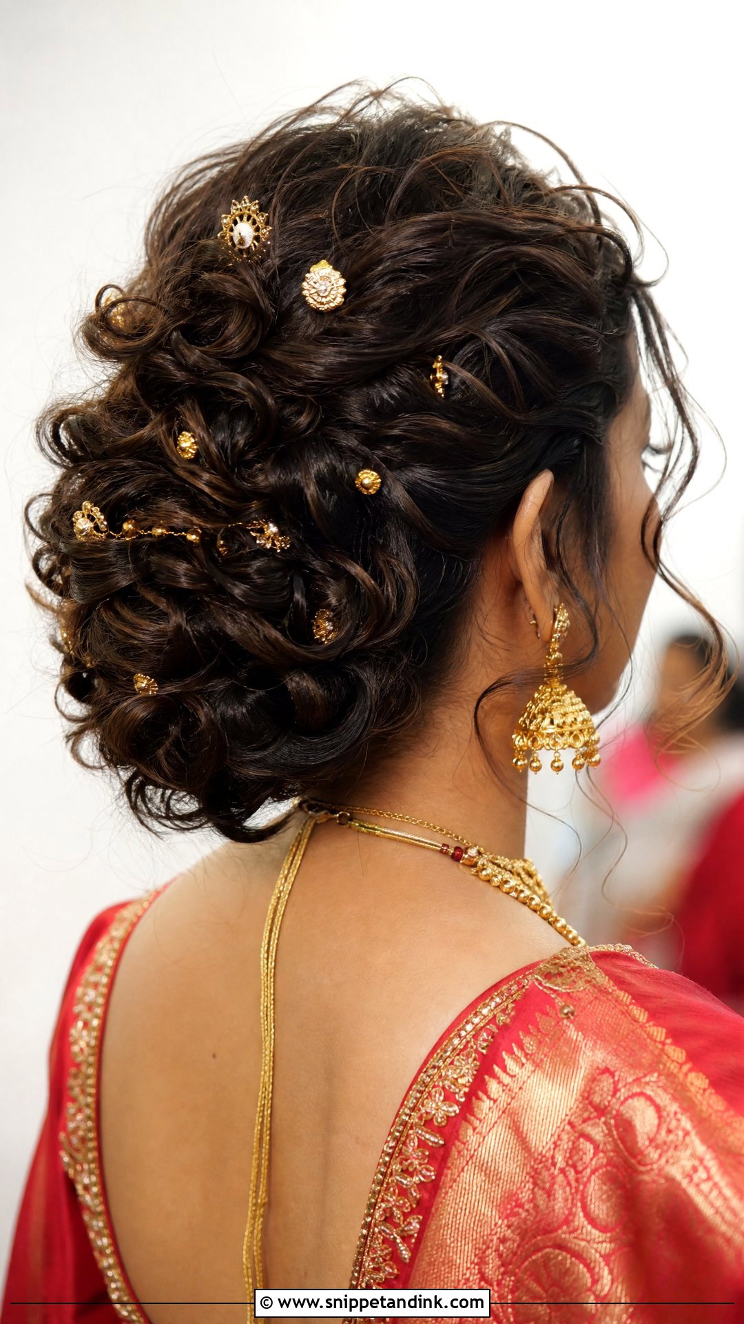 Curly Updo With Gold Hair Charms - Snippet and Ink - 20 South Indian Wedding Hairstyles for Short Hair
