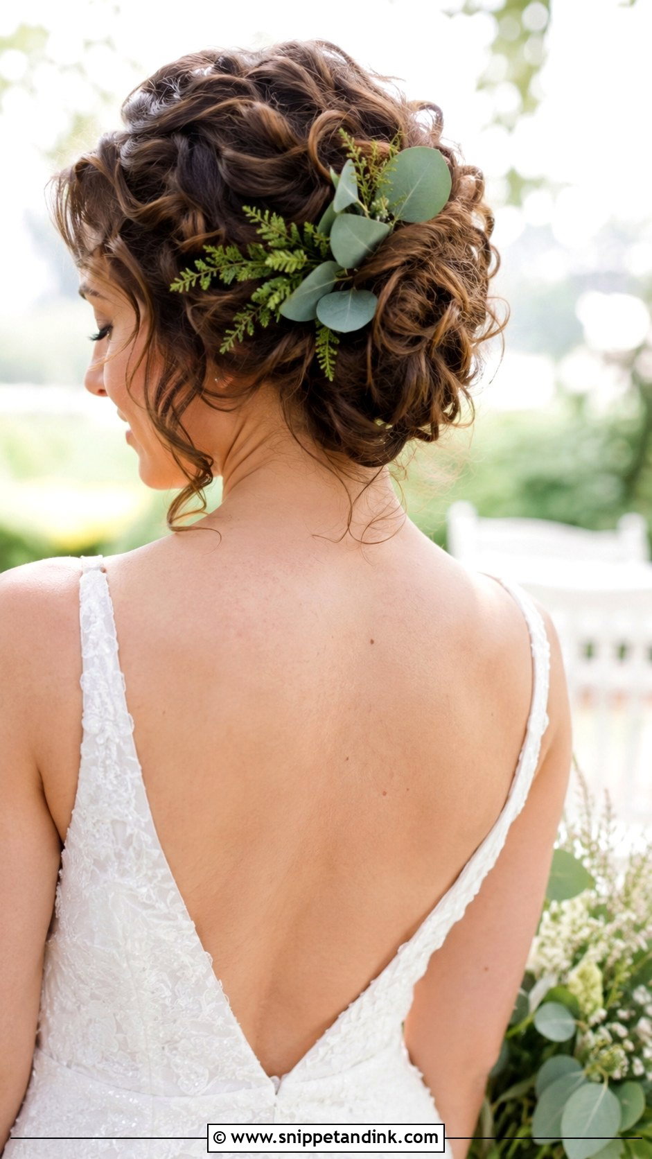 Curly Updo With Greenery - Snippet and Ink - 30 Wedding Hairstyles for Curly Hair