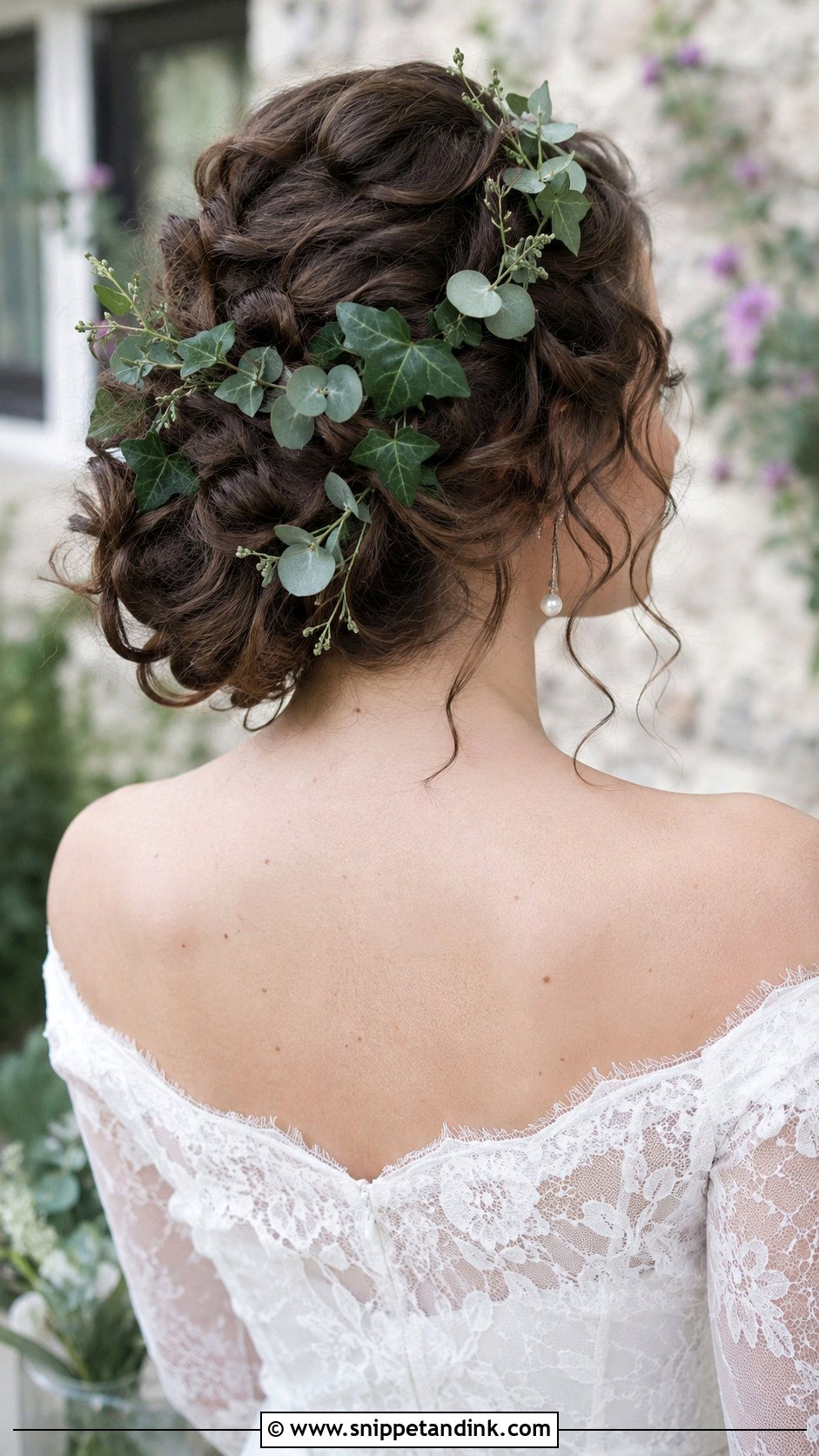 Curly Updo With Greenery - Snippet and Ink - 30 Curly Hair Updo Wedding Ideas