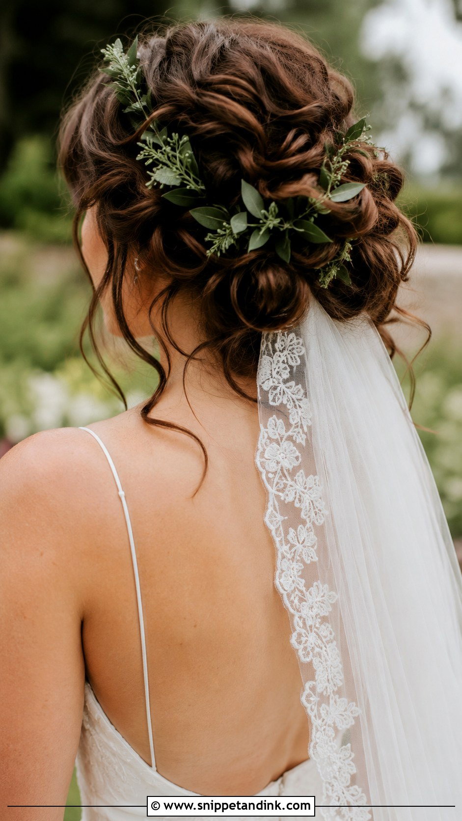 Curly Updo With Lace Veil and Greenery - Snippet and Ink - 20 Curly Hair with Veil Ideas