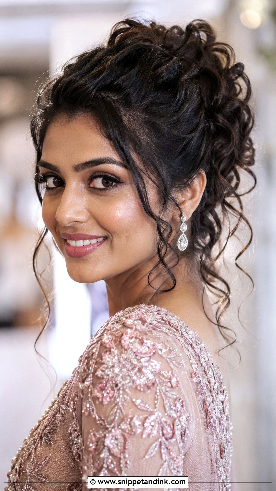 Curly Updo With Loose Strands - Snippet and Ink - 25 Indian Wedding Guest Hairstyles