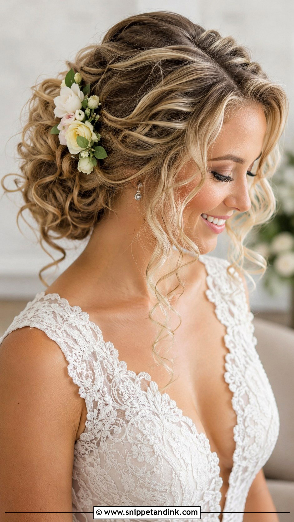 Curly Updo With Loose Tendrils - Snippet and Ink - 30 Curly Hair Updo Wedding Ideas