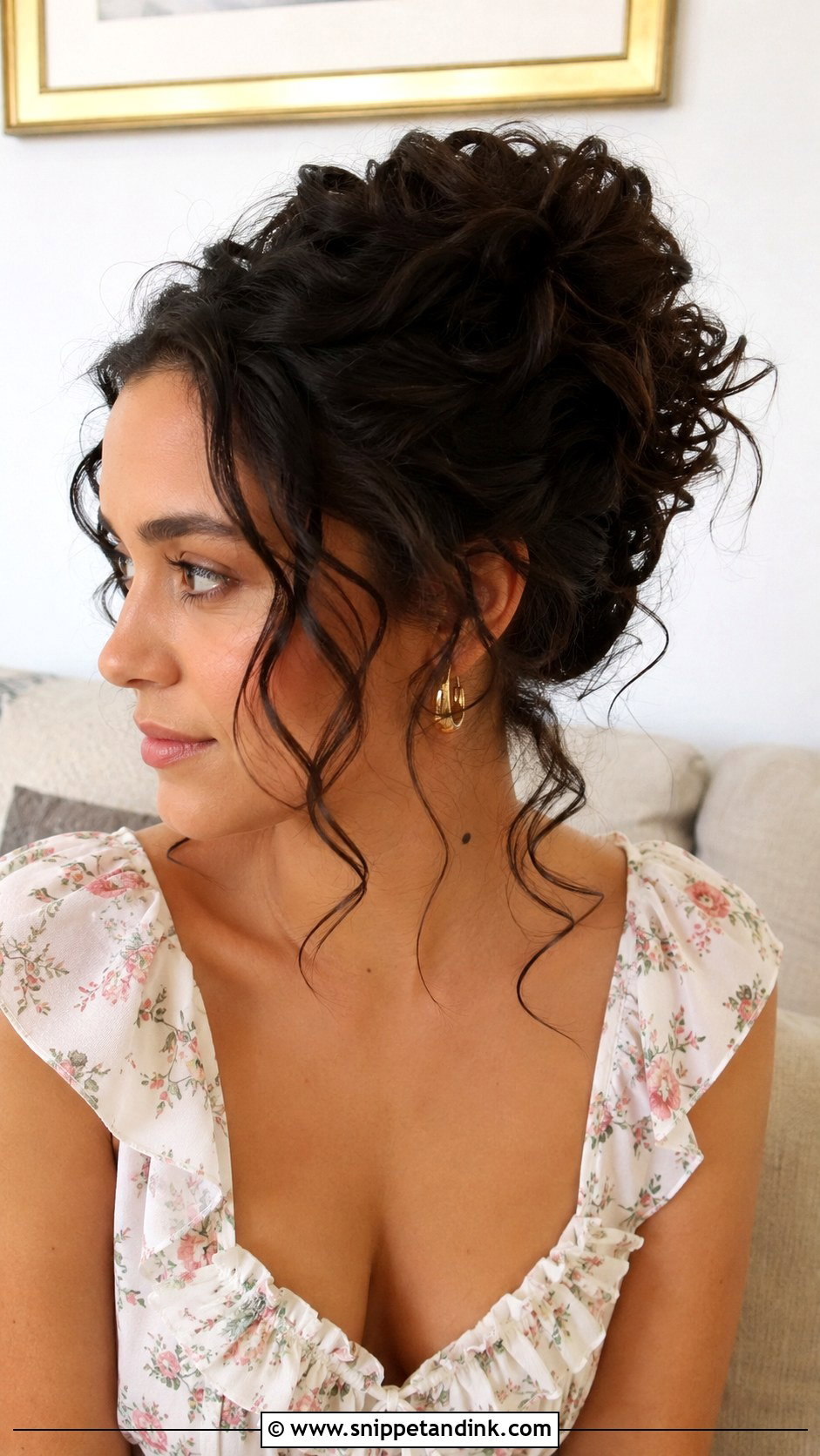Curly Updo With Loose Tendrils - Snippet and Ink - 20 Wedding Guest Hair Curly Ideas