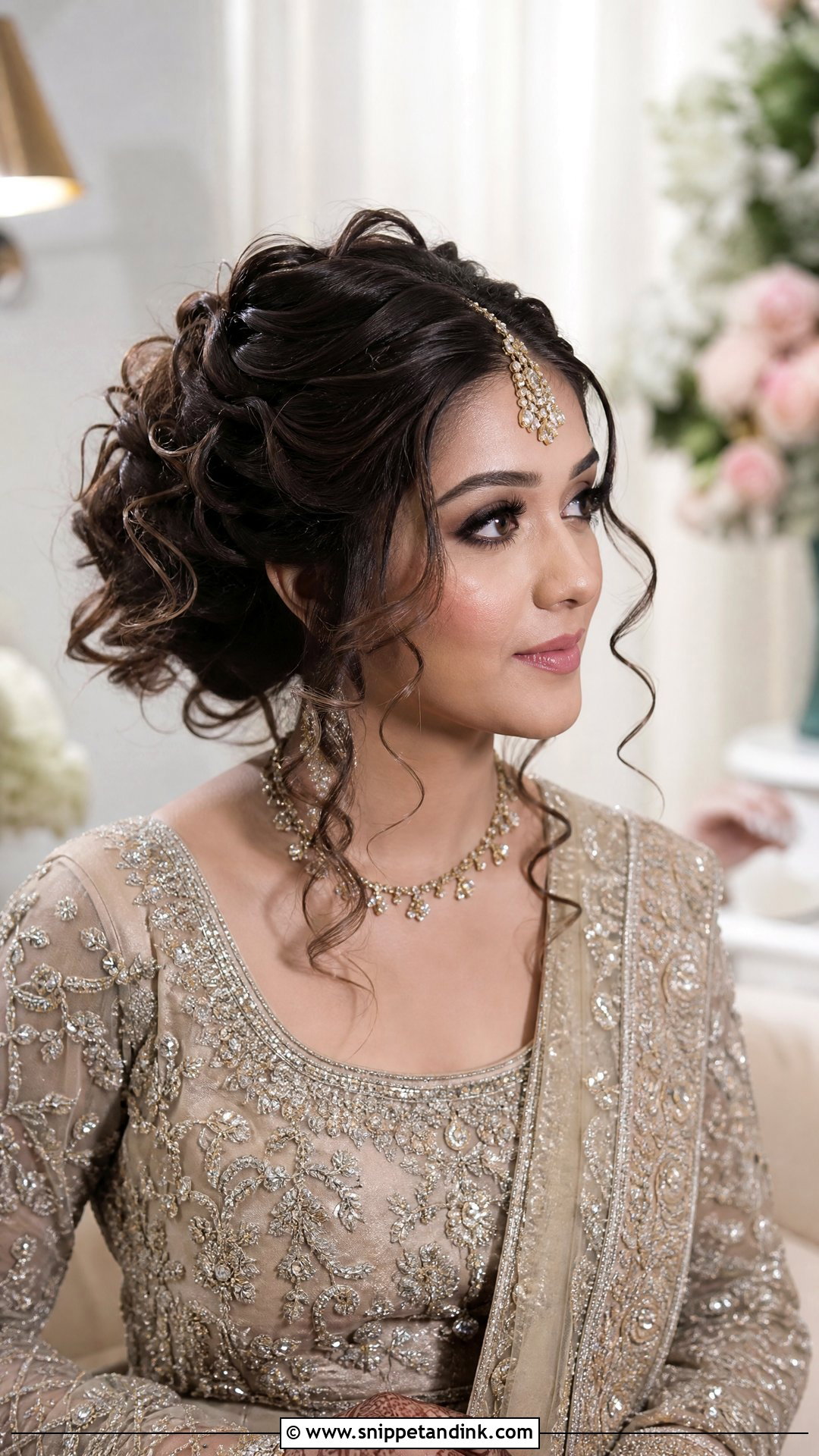 Curly Updo With Maang Tikka - Snippet and Ink - 20 Walima Bridal Hairstyle Ideas