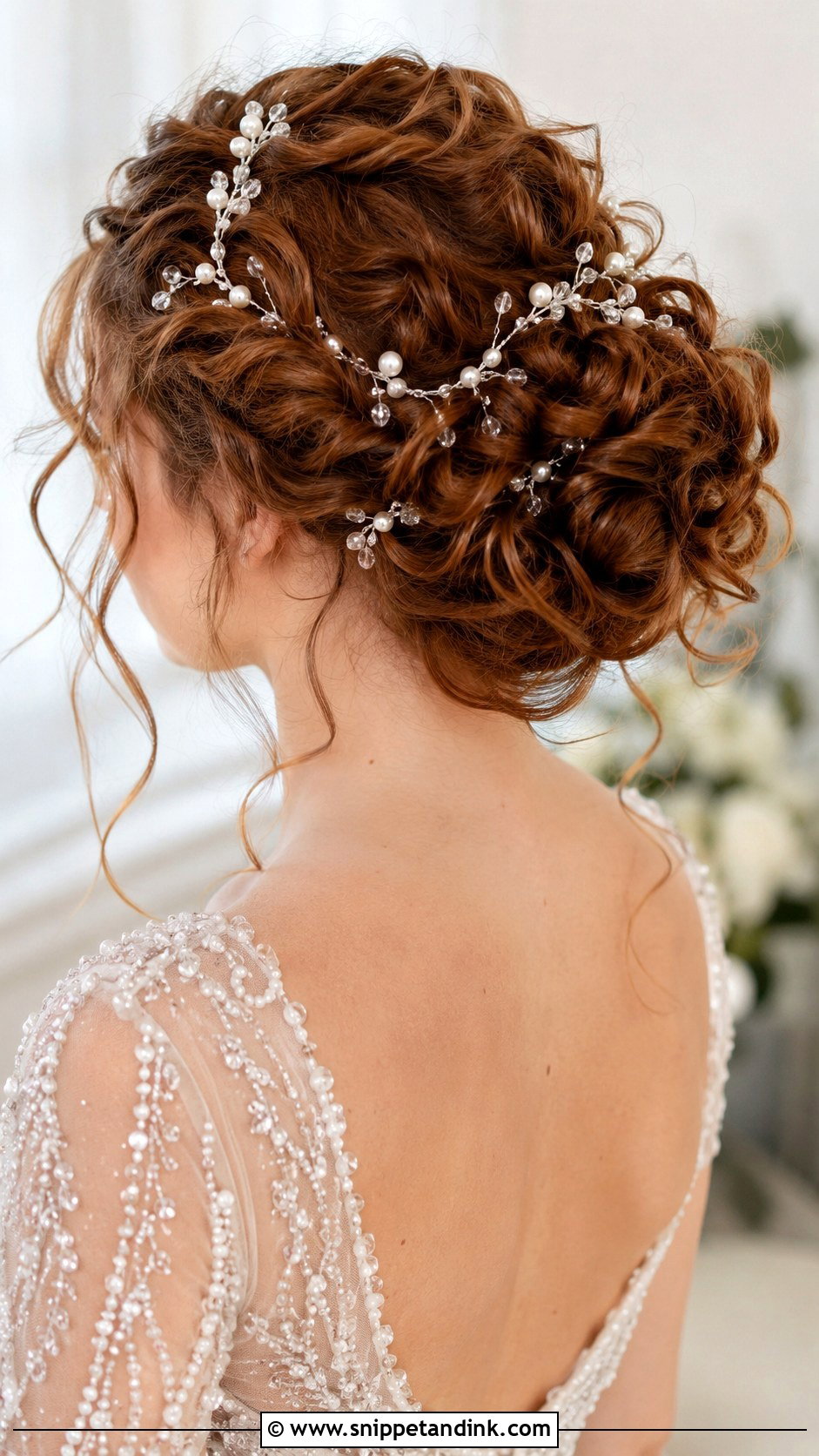 Curly Updo With Pearl Hair Vine - Snippet and Ink - 30 Curly Hair Wedding Styles