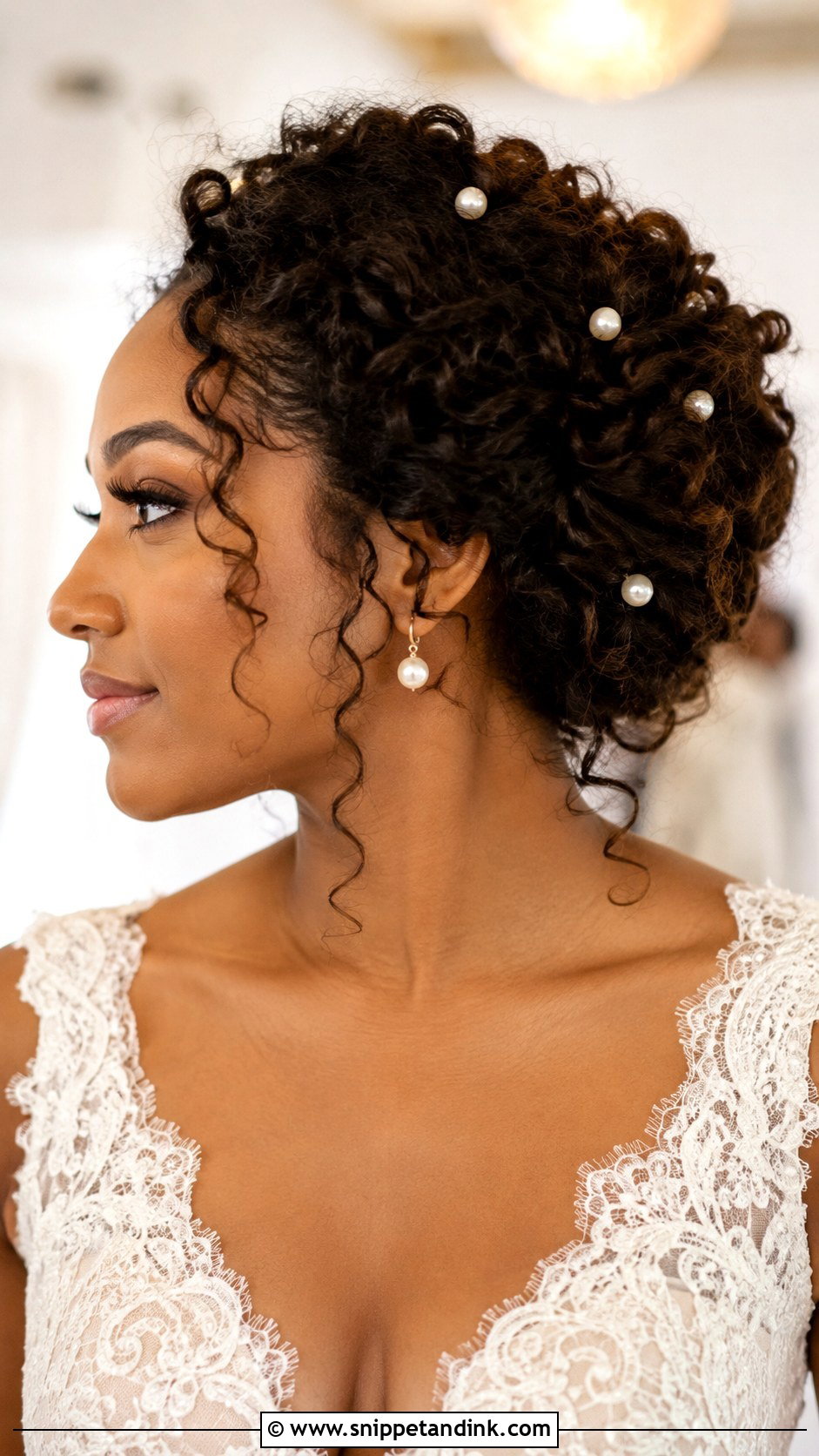 Curly Updo With Pearl Pins - Snippet and Ink - 30 Natural Hair Bride Ideas