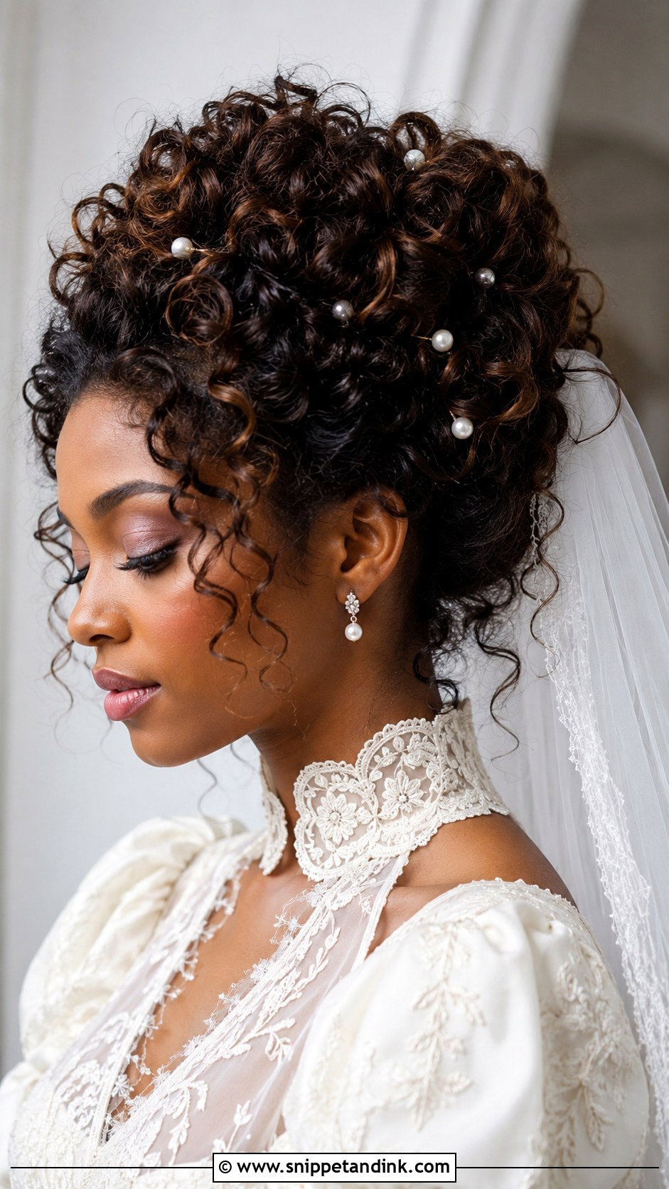 Curly Updo With Pearl Pins - Snippet and Ink - 20 Afro Wedding Hairstyles Brides