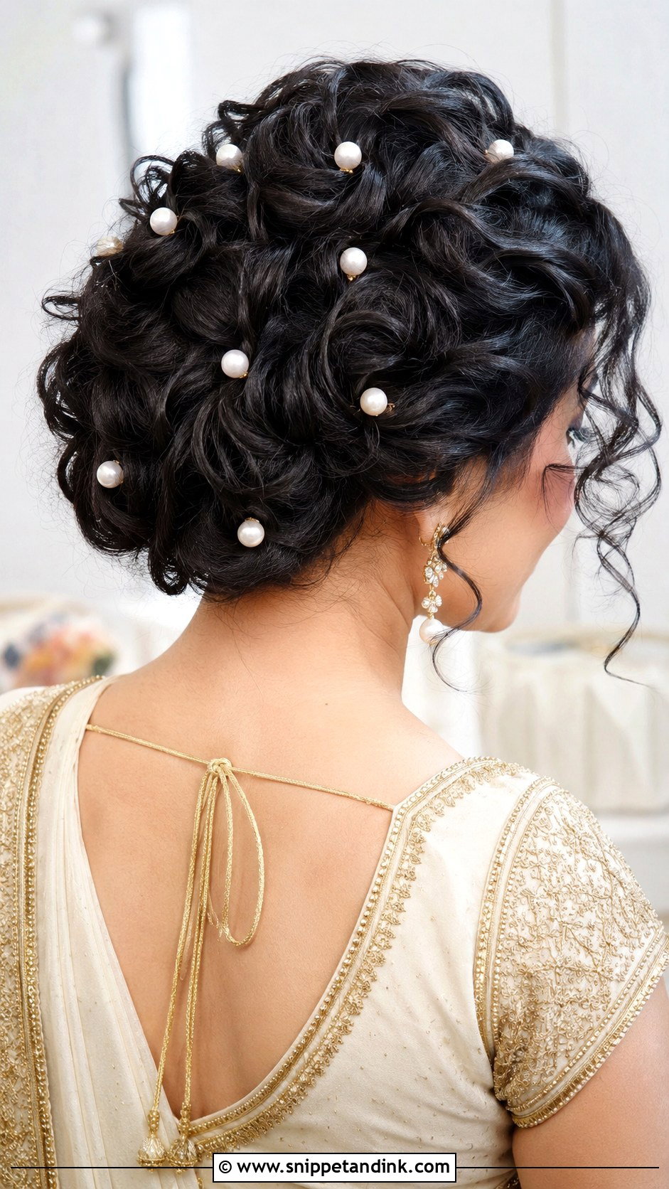 Curly Updo With Pearl Pins - Snippet and Ink - 25 Short Hairstyle Women Indian Wedding Ideas
