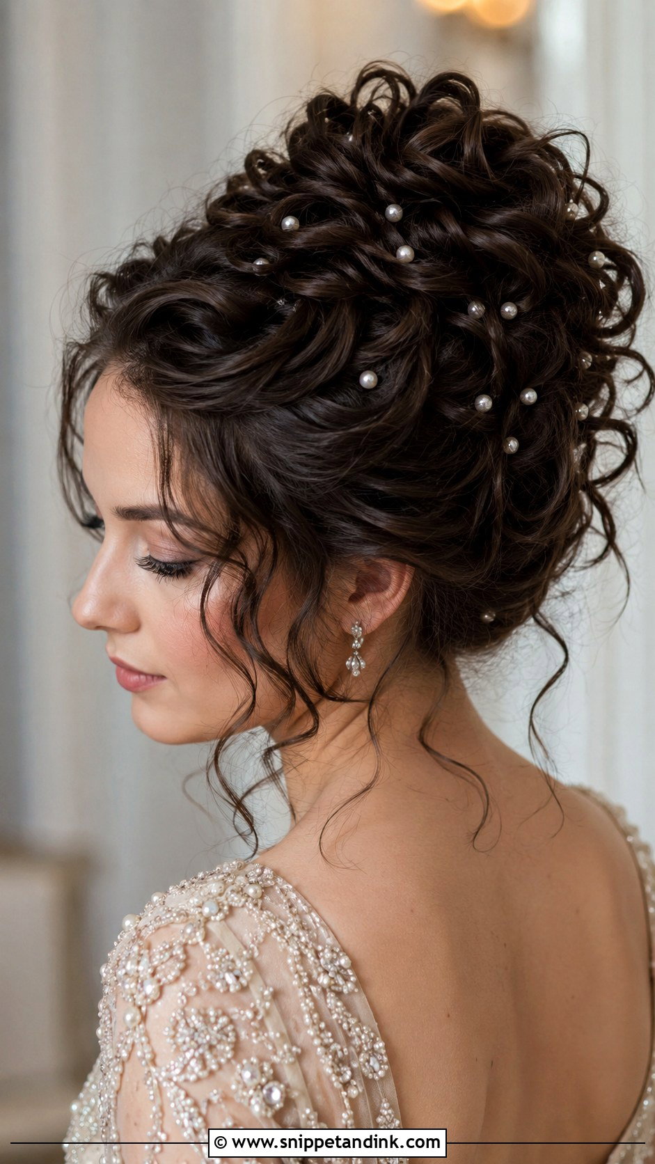 Curly Updo With Pearls - Snippet and Ink - 25 Curly Hair Wedding Guest Hairstyles