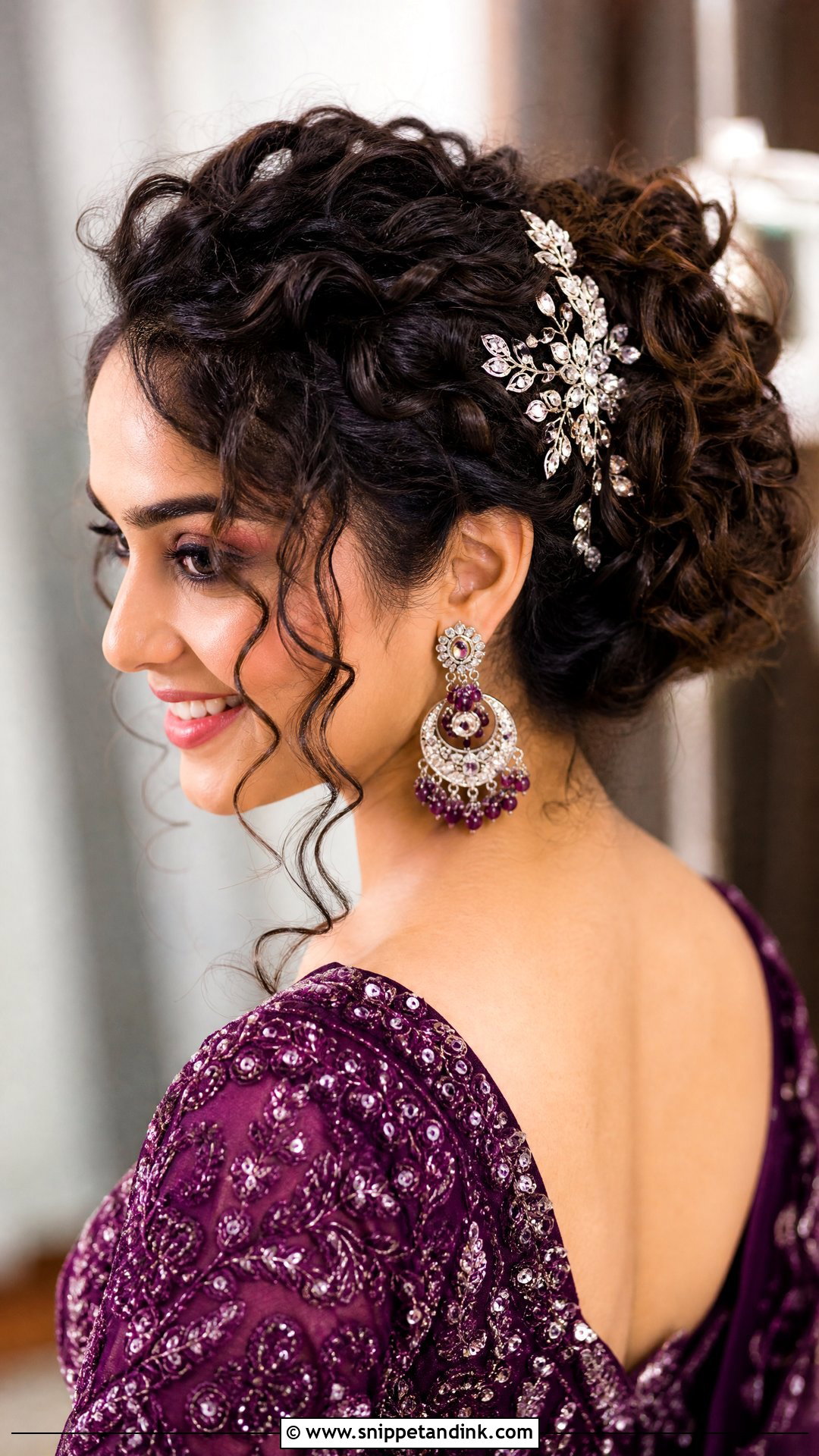 Curly Updo With Statement Hair Accessory - Snippet and Ink - 20 Traditional Indian Wedding Hairstyles