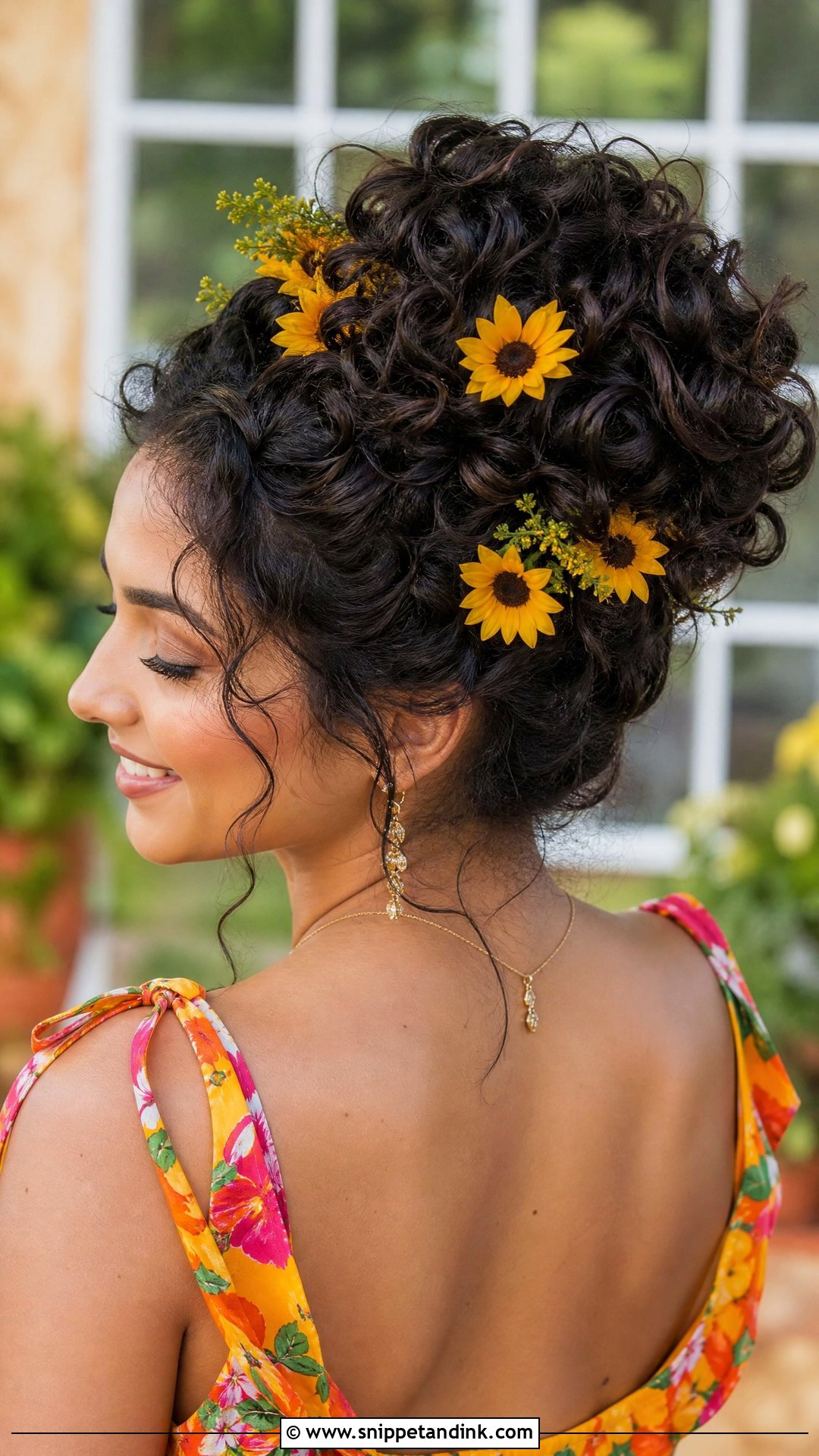 Curly Updo With Sunflowers - Snippet and Ink - 20 Floral Updo Ideas