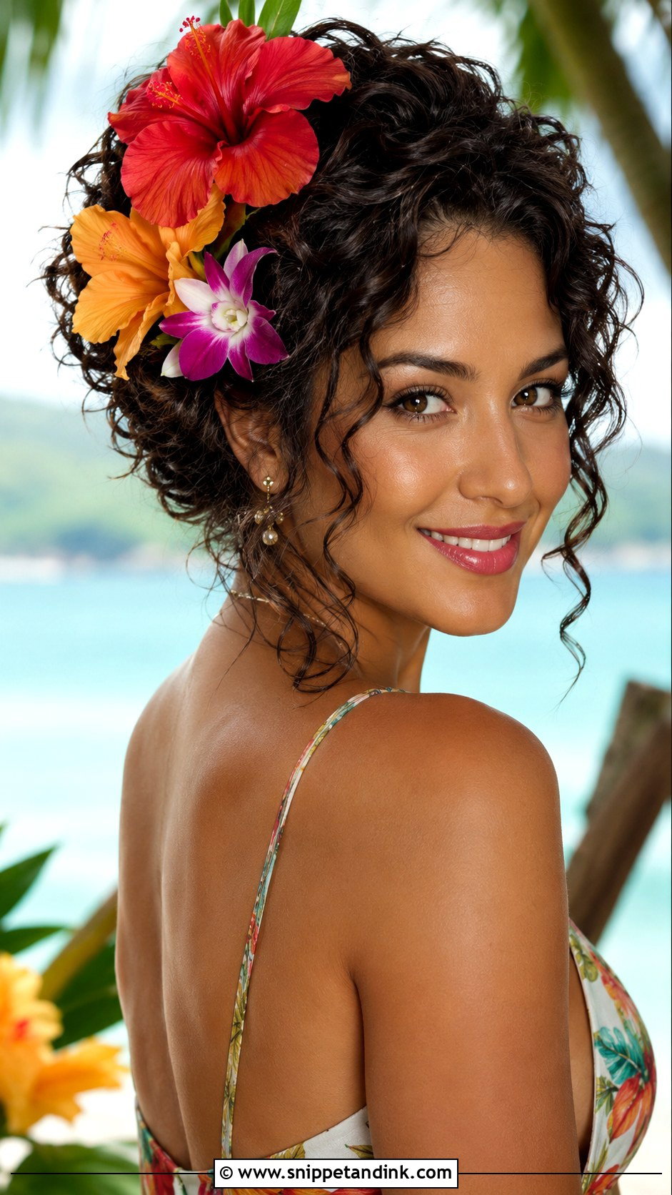 Curly Updo With Tropical Flowers - Snippet and Ink - 25 Bridal Hair with Flowers
