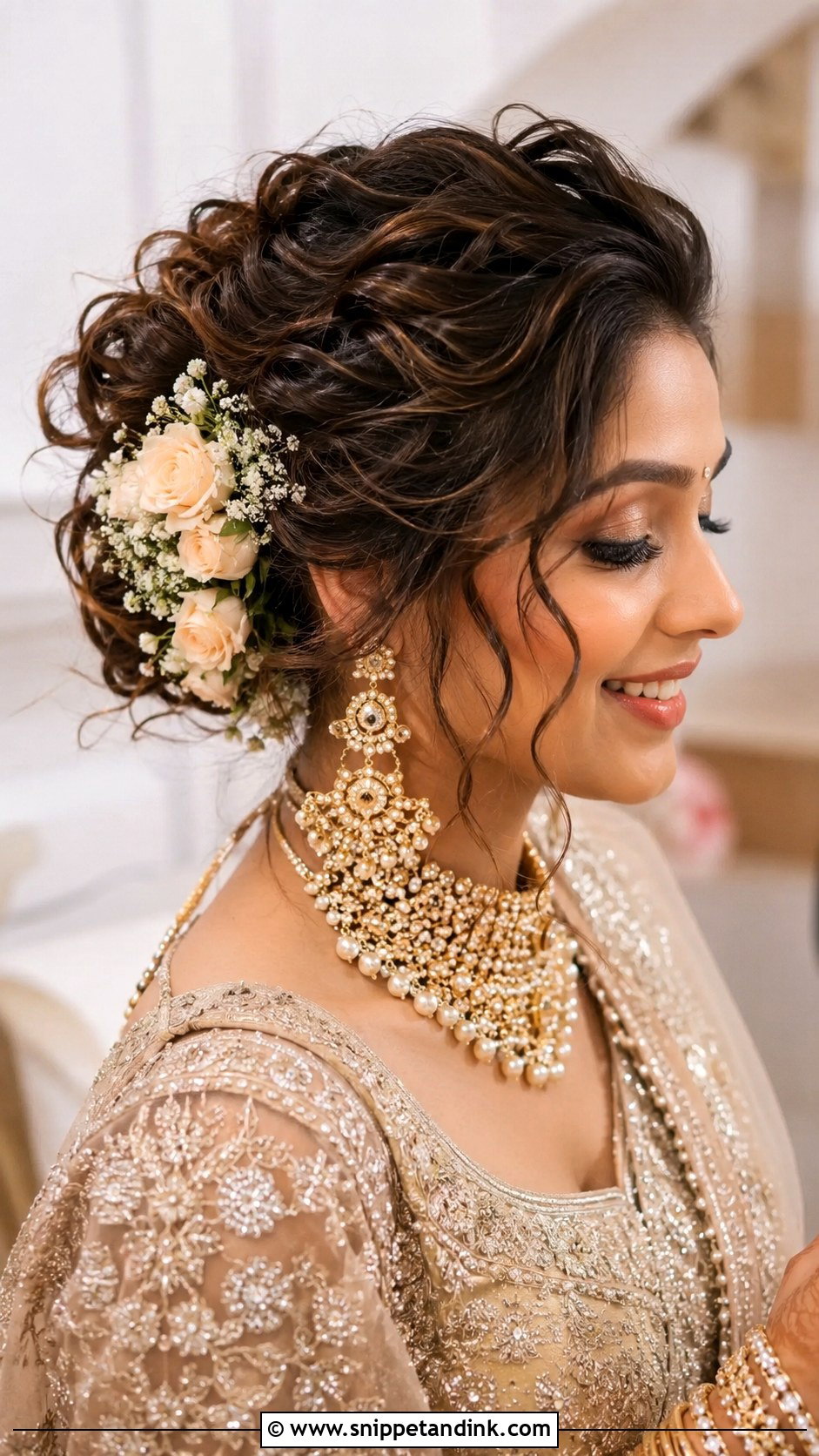 Curly Updo with Side Flowers - Snippet and Ink - 25 Dholki Hairstyles