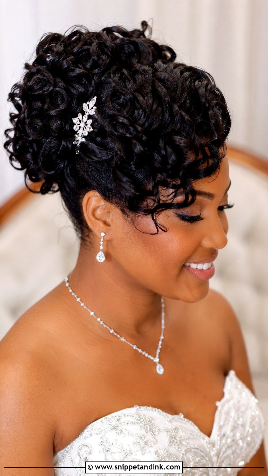 Curly Updo with Side Swept Bangs - Snippet and Ink - 20 Bride Hairstyles for Black Women