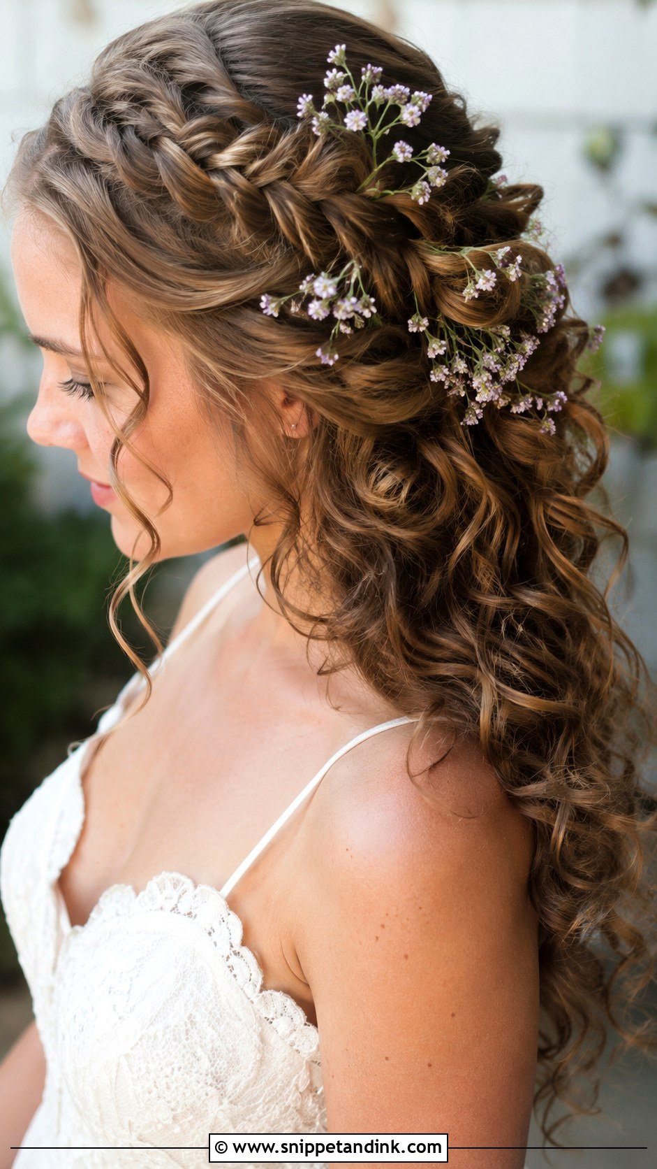 Curly Wedding Hairstyle With Flowers Tucked In - Snippet and Ink - 20 Short Curly Hair Wedding Ideas