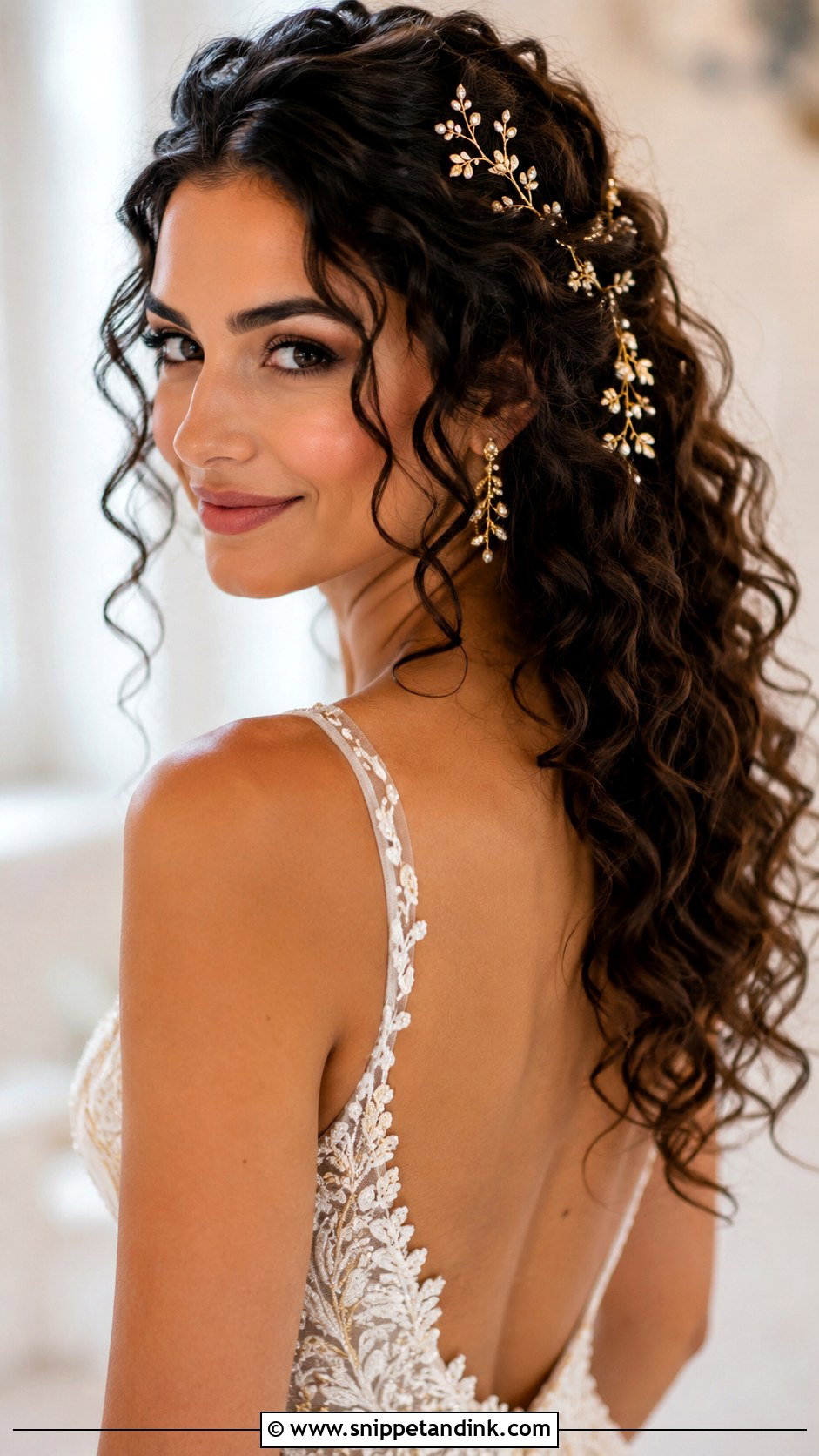 Curly Wedding Hairstyle With Gold Accessories - Snippet and Ink - 30 Curly Hair Wedding Ideas