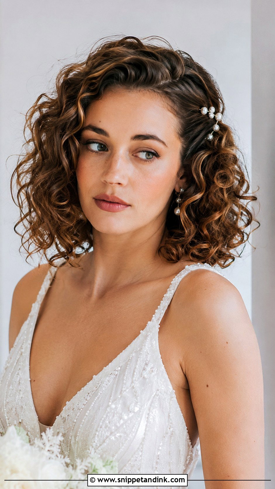Curly Wedding Hairstyle With Pearl Pins - Snippet and Ink - 20 Short Curly Hair Wedding Ideas