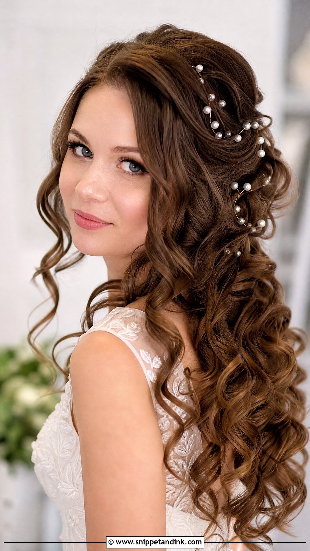 Curly Wedding Hairstyle With Pearl Pins - Snippet and Ink - 15 Wedding Hairstyles for Long Curly Hair