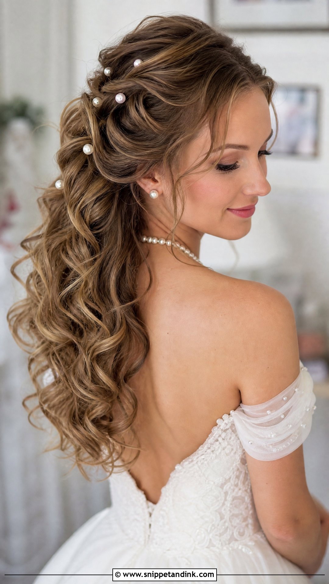 Curly Wedding Hairstyle with Pearl Pins - Snippet and Ink - 30 Curly Wedding Hairstyles