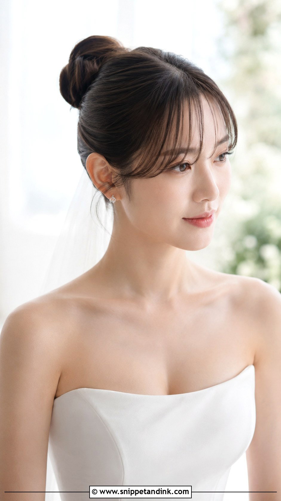 Curtain Bangs With Ballerina Bun - Snippet and Ink - 30 Wedding Hair with Bangs Ideas