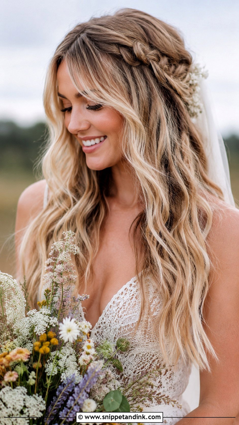 Curtain Bangs With Boho Waves - Snippet and Ink - 25 Curtain Bangs Wedding Hair Ideas