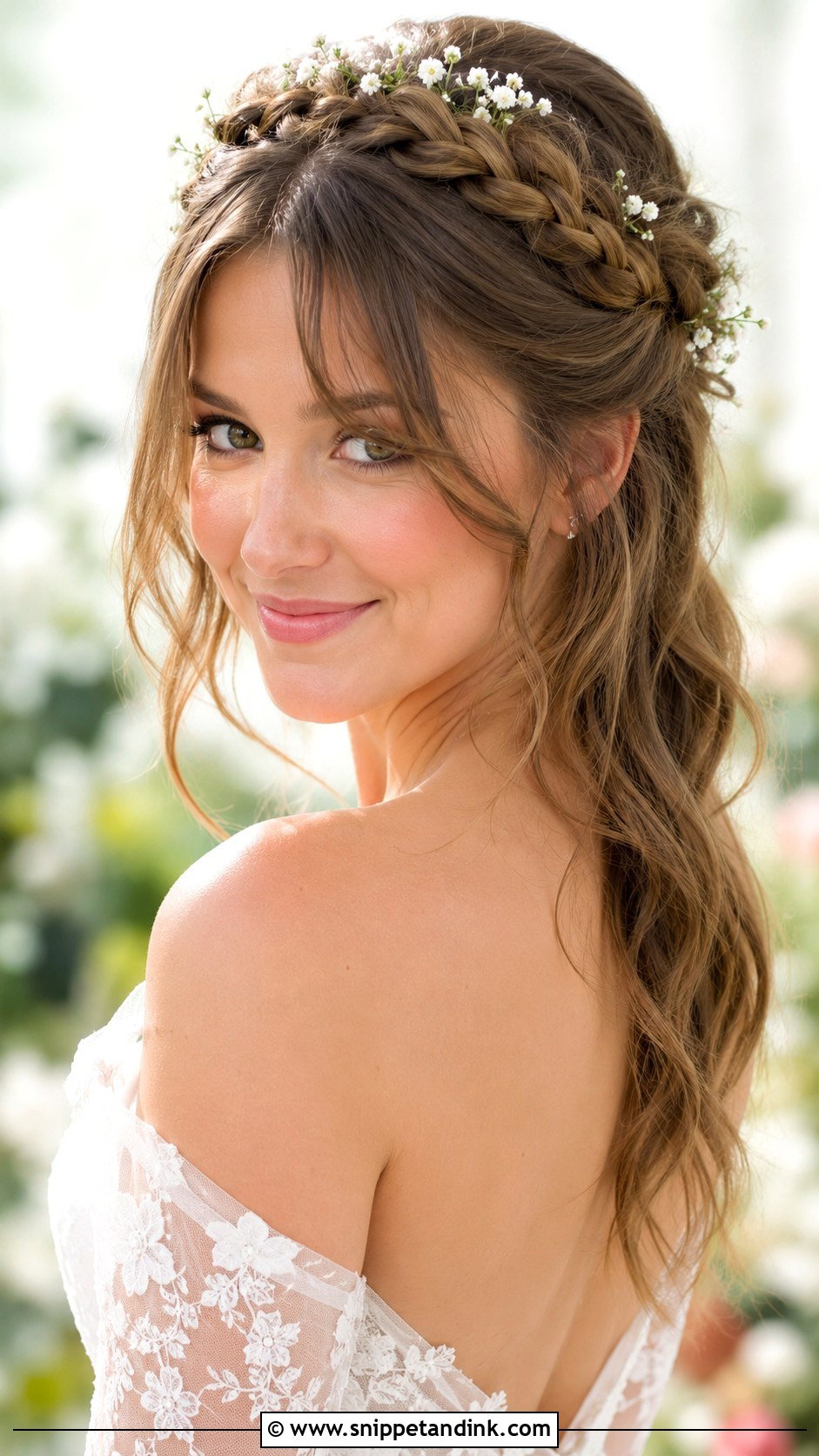 Curtain Bangs With Braided Crown - Snippet and Ink - 30 Bridal Hair with Bangs Ideas
