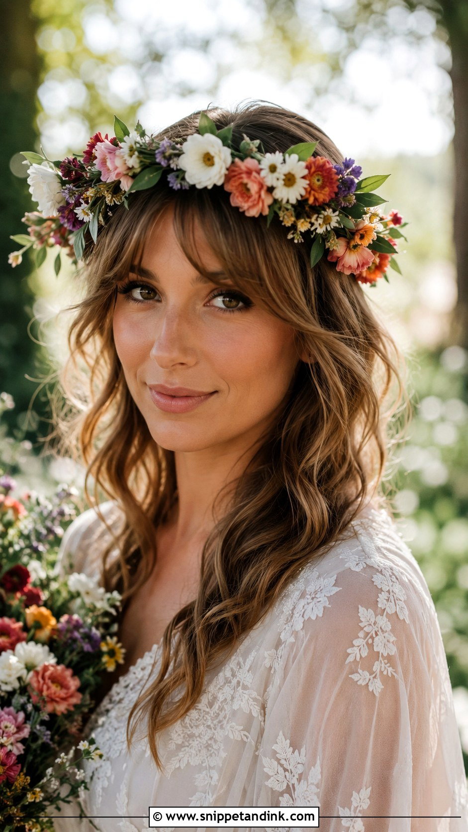 Curtain Bangs With Floral Crown - Snippet and Ink - 25 Wedding Hair Bangs Ideas
