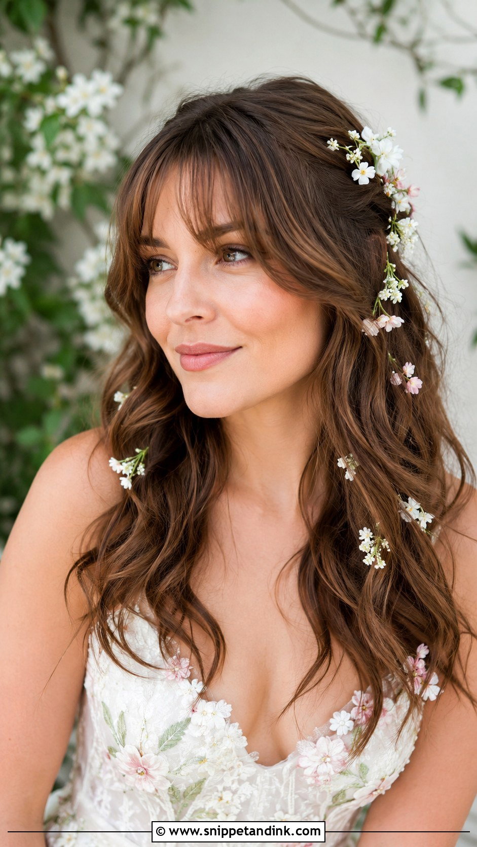 Curtain Bangs With Floral Hairpins - Snippet and Ink - 25 Curtain Bangs Wedding Hair Ideas