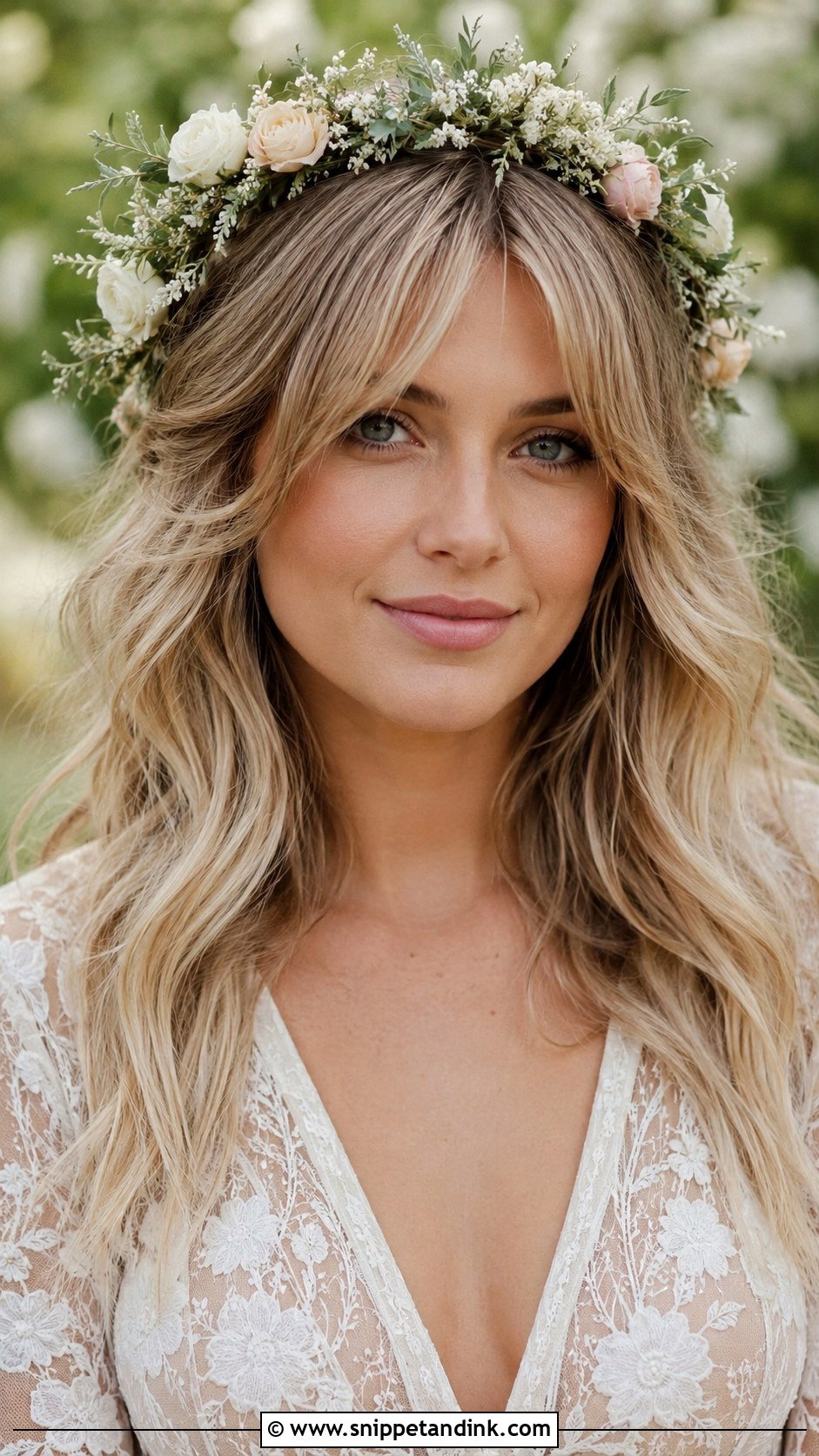 Curtain Bangs With Flower Crown - Snippet and Ink - 30 Bridal Hair with Bangs Ideas