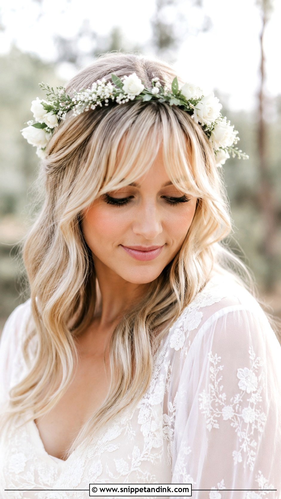 Curtain Bangs With Flower Crown - Snippet and Ink - 25 Curtain Bangs Wedding Hair Ideas