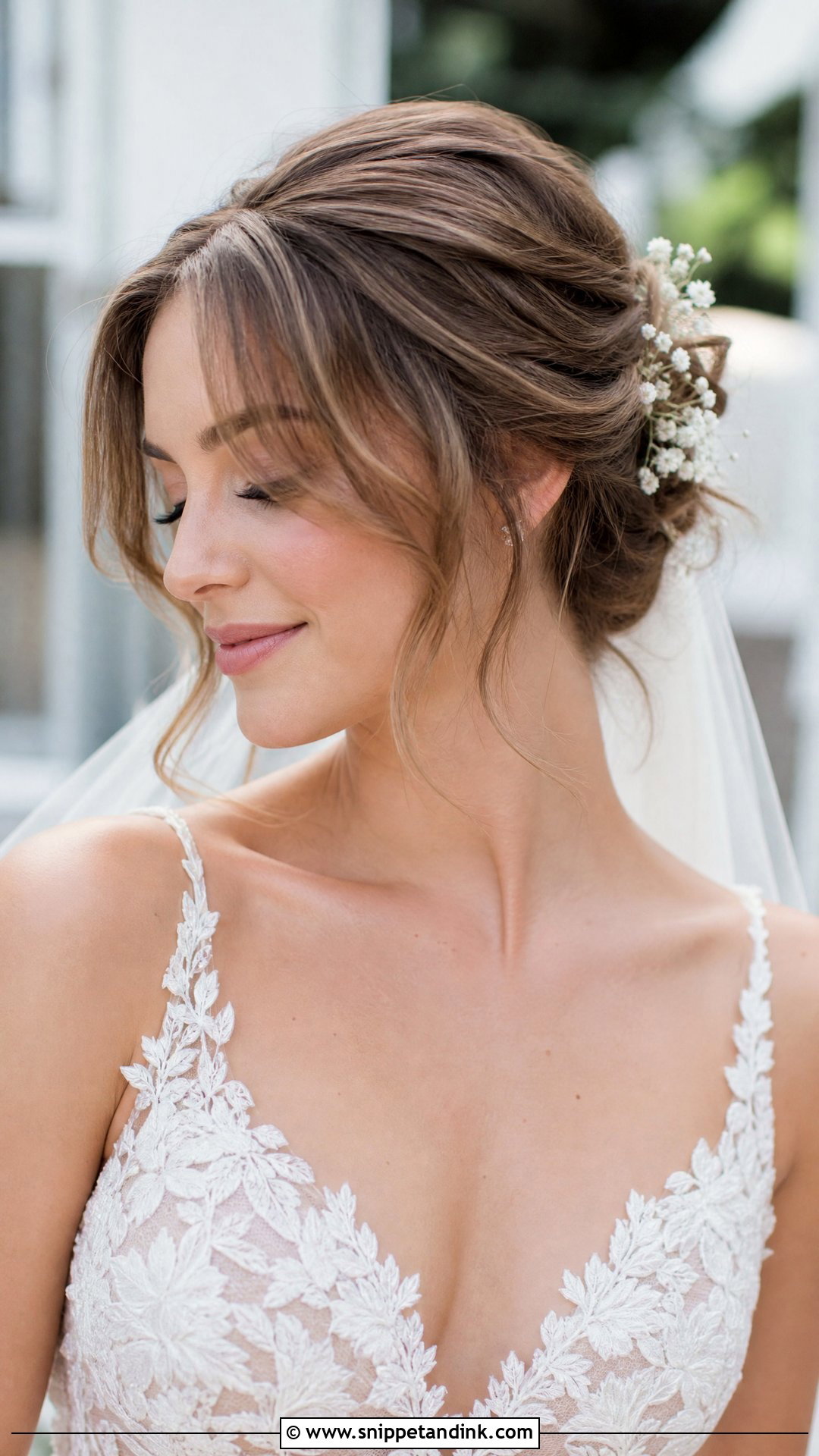 Curtain Bangs With Loose Bun - Snippet and Ink - 30 Wedding Hair with Bangs Ideas
