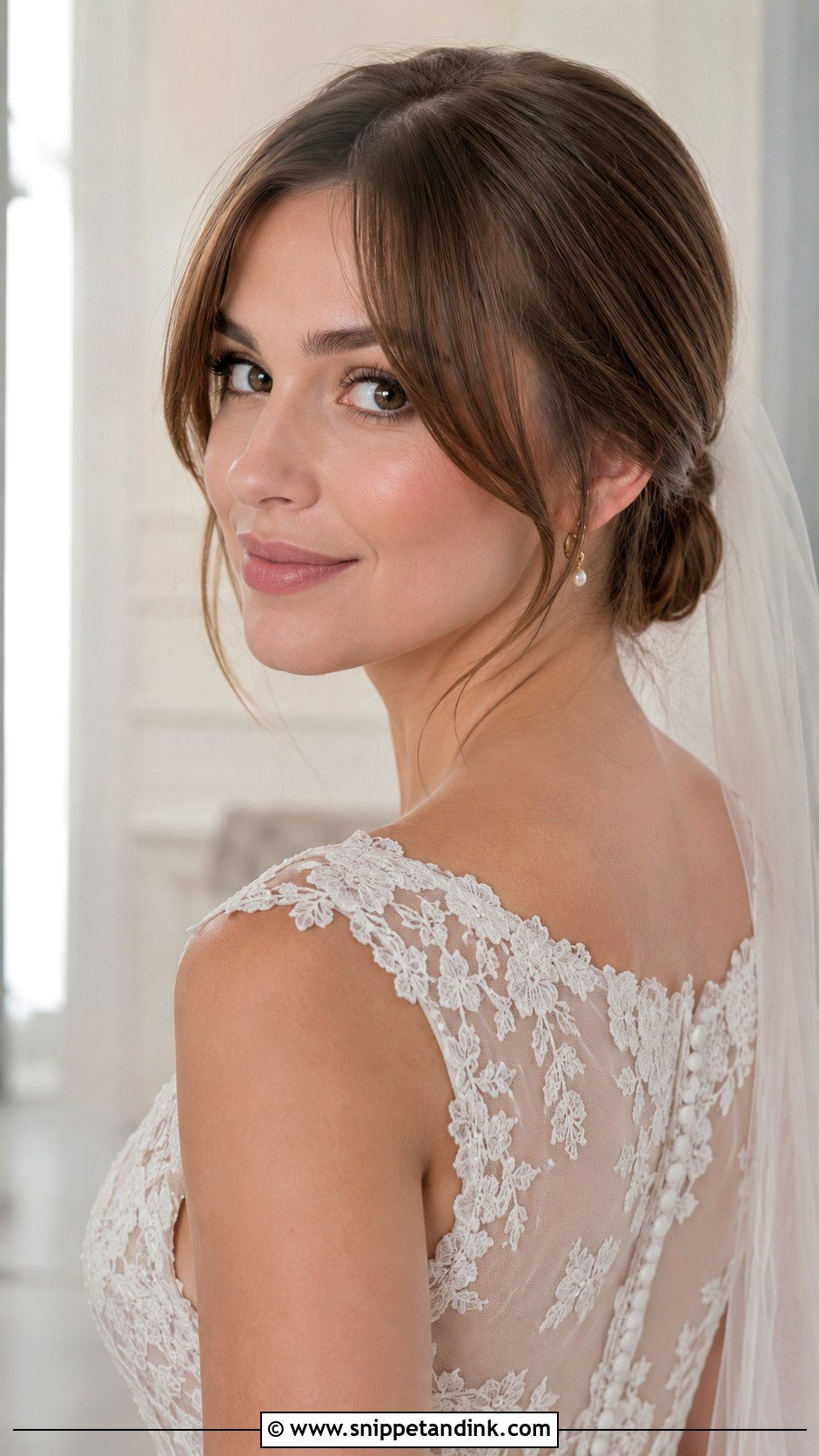 Curtain Bangs With Low Bun - Snippet and Ink - 30 Wedding Hair with Bangs Ideas