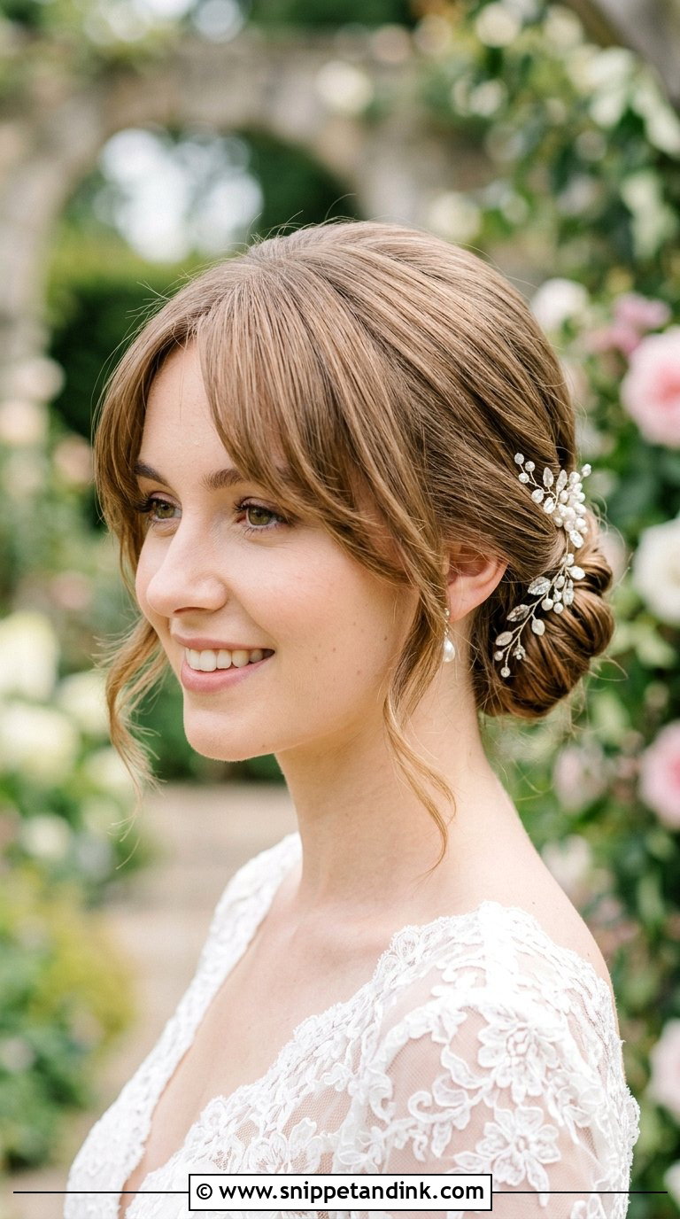 Curtain Bangs With Low Bun - Snippet and Ink - 20 Bridal Hair Bangs Ideas