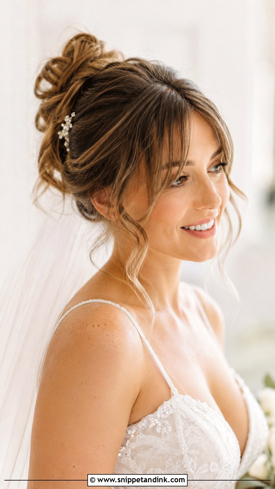 Curtain Bangs With Messy Bun - Snippet and Ink - 25 Curtain Bangs Wedding Hair Ideas