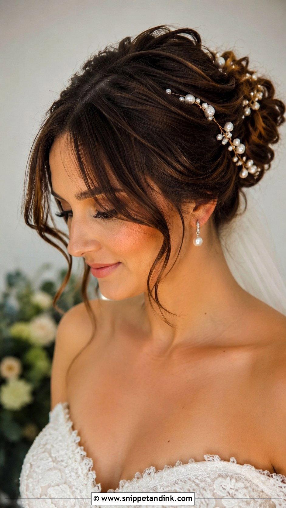 Curtain Bangs With Romantic Bun - Snippet and Ink - 30 Bridal Hair with Bangs Ideas