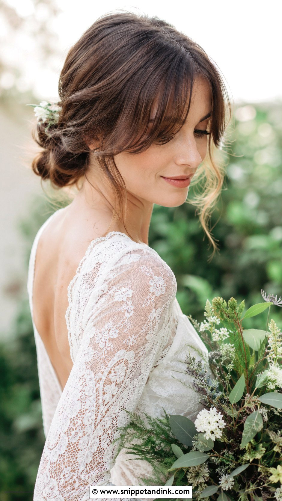 Curtain Bangs With Textured Low Bun - Snippet and Ink - 25 Wedding Hair Bangs Ideas