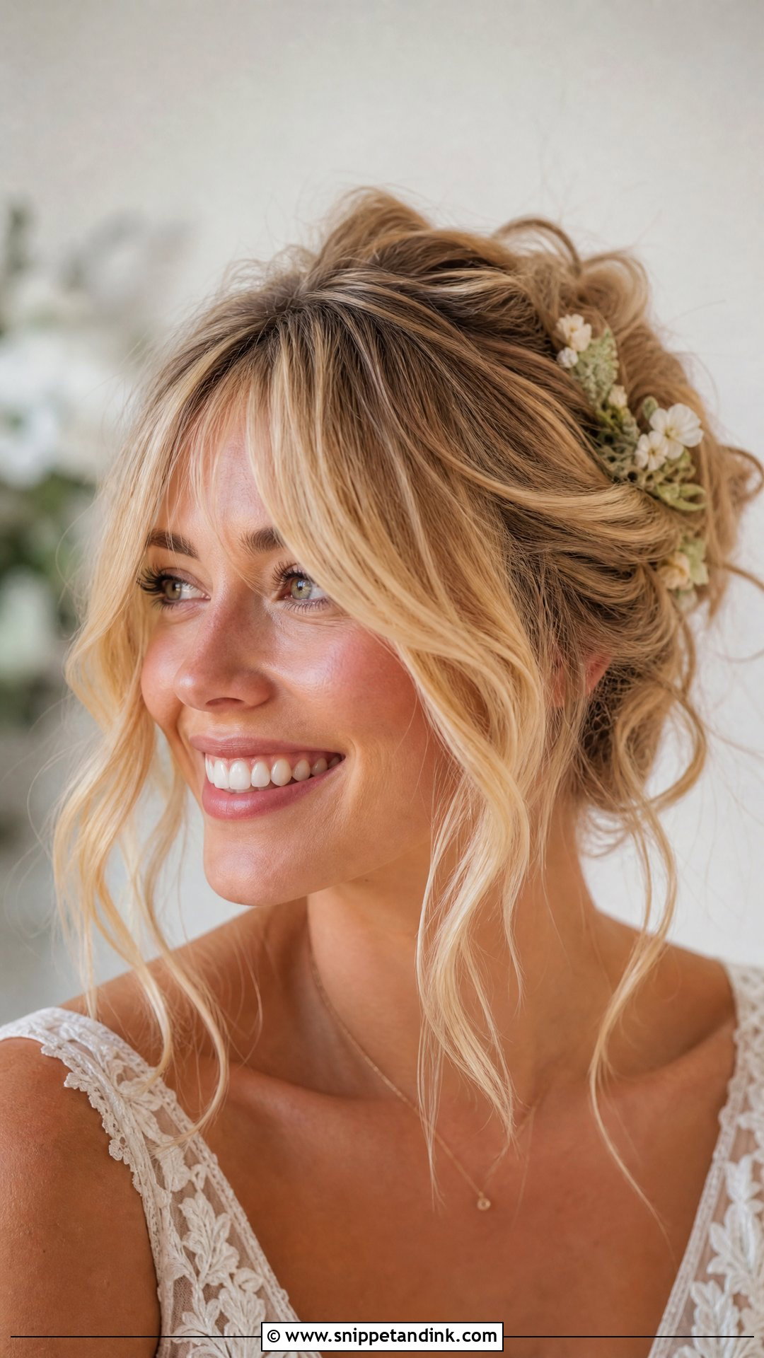 Curtain Bangs With Textured Updo - Snippet and Ink - 30 Wedding Hair with Bangs Ideas