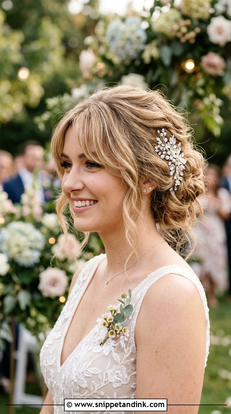 Curtain Bangs With Textured Updo - Snippet and Ink - 20 Bridal Hair Bangs Ideas