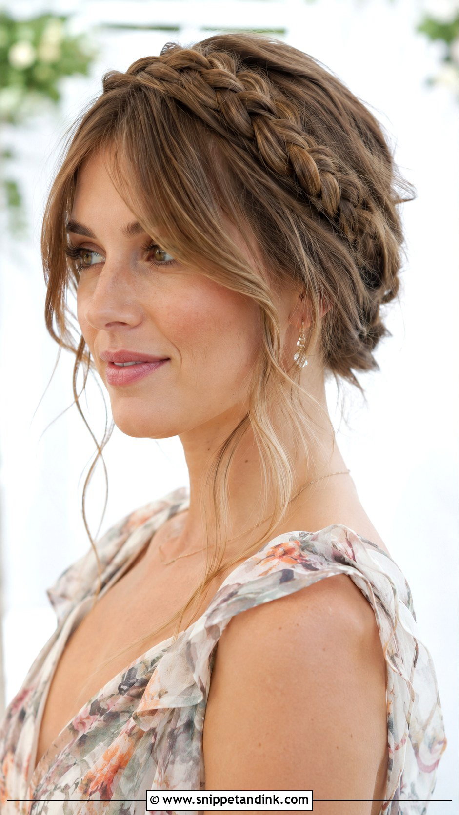 Curtain Bangs With a Braided Crown - Snippet and Ink - 20 Wedding Guest Hairstyles Bangs
