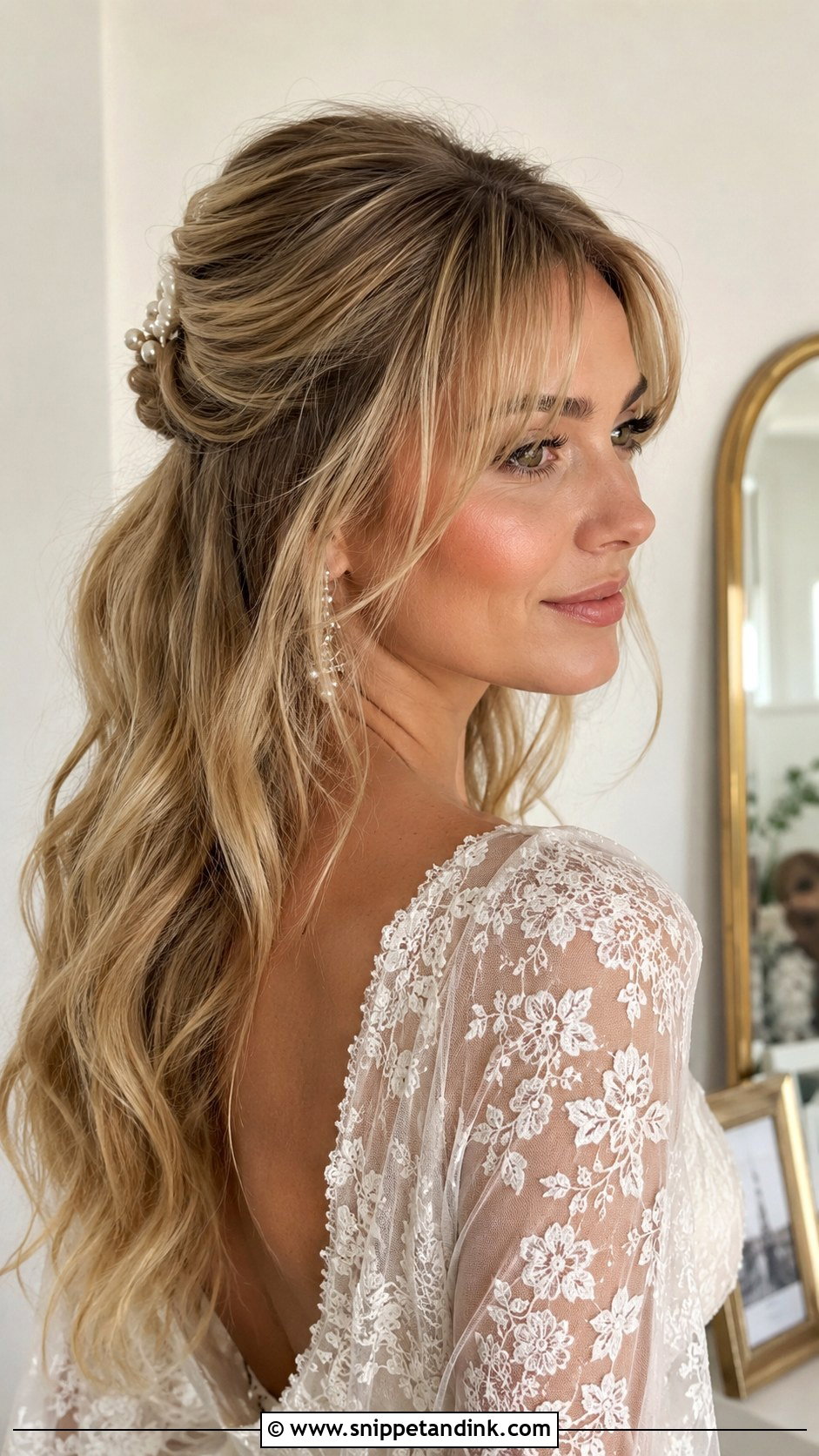 Curtain Bangs With a Half Up Half Down Style - Snippet and Ink - 20 Brides with Bangs