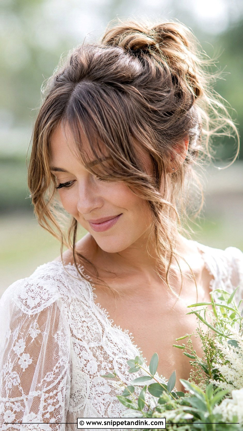 Curtain Bangs With a Messy Bun - Snippet and Ink - 20 Brides with Bangs