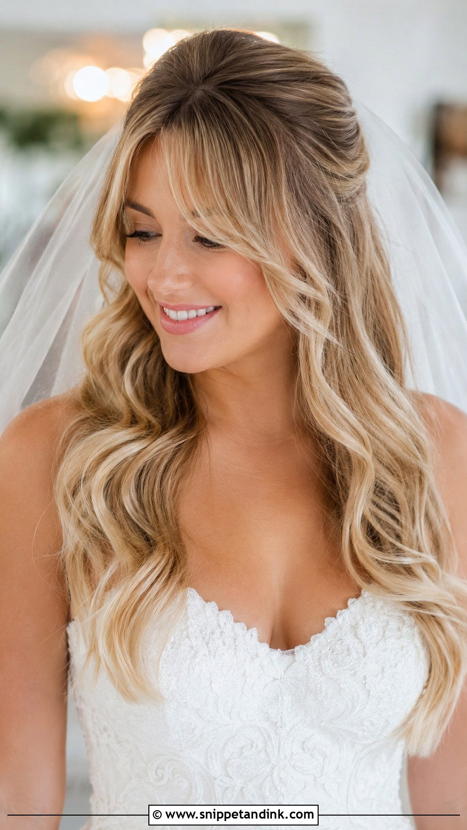 Curtain Bangs with Long Waves - Snippet and Ink - 30 Classy Wedding Hair Down Ideas